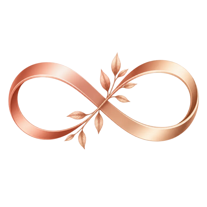 Símbolo Renasce: infinito em fita rosé com ramo de folhas